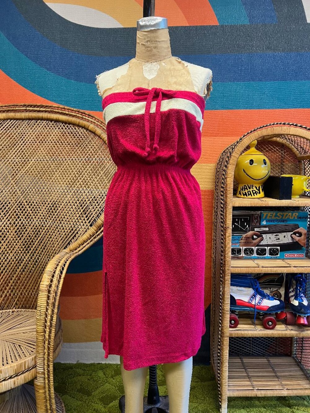 EUC Vintage Julie Girl 70s 80s Terry Cloth Tube Top Pink Summer Dress Medium